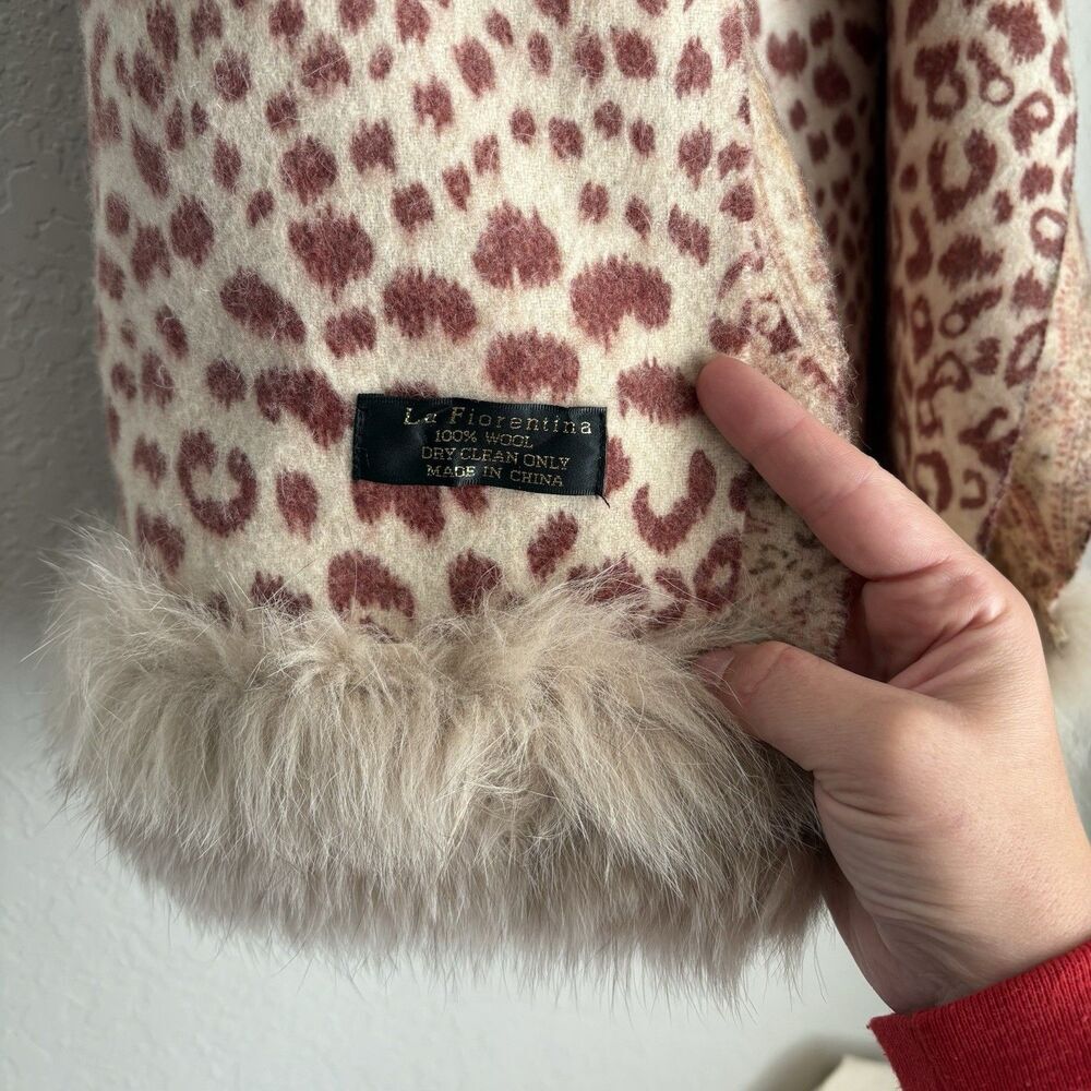 La Fiorentina Womens Fur 100% Wool Scarf Leopard Paisley *READ - Picture 3 of 6